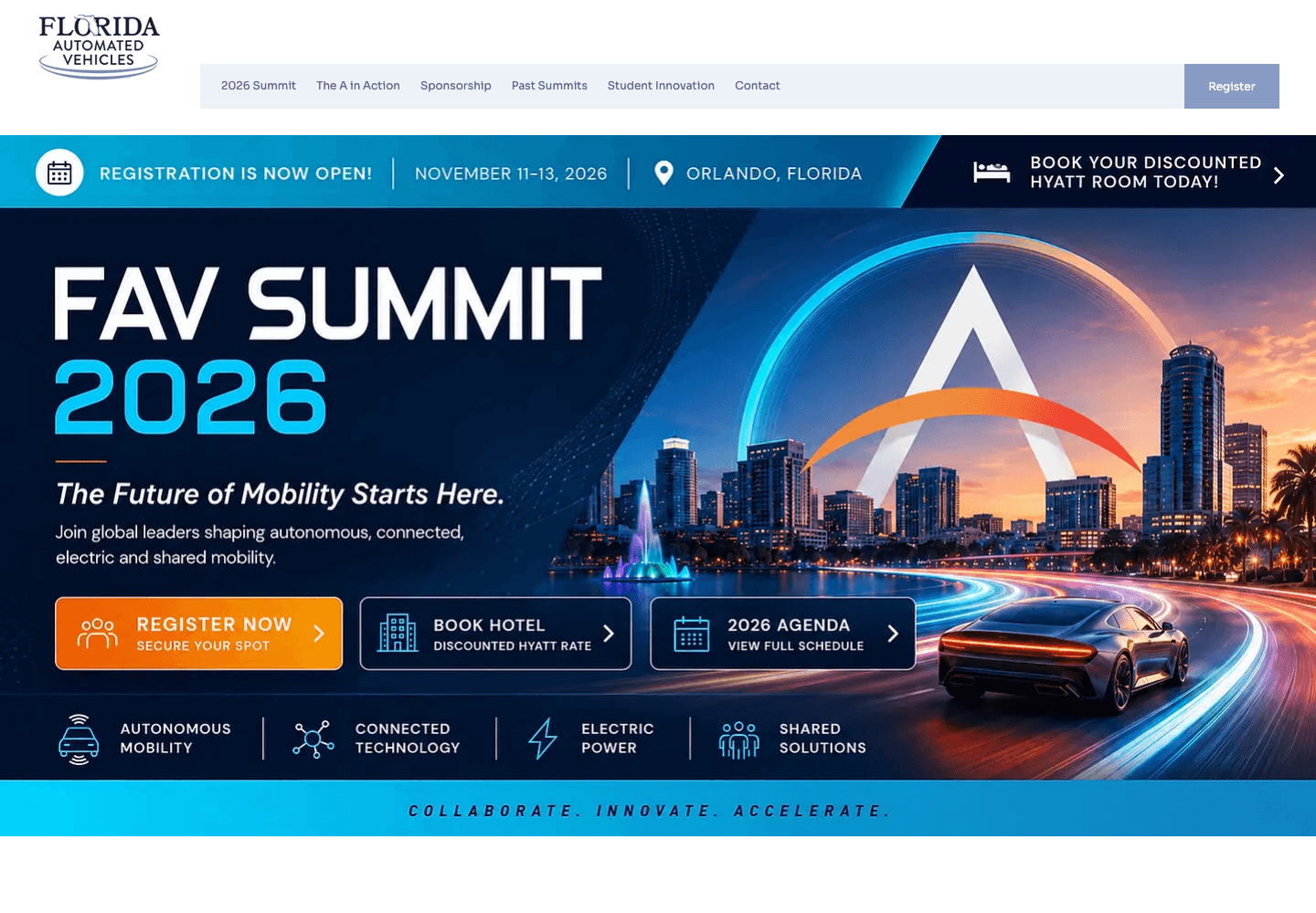 FAV Summit website design with the 2026 event, registration, and sponsor information